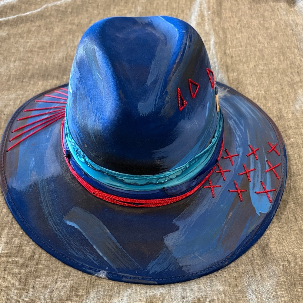 Handmade Nati Natash Hand-Painted Blue Wide-Brim Fedora with Red Stitching L